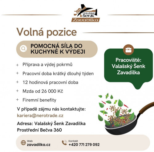 Pomocná síla do kuchyně k výdeji ve Valašském Šenku Zavadilka