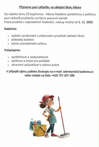 Přijmeme paní uklízečku na Základní školu Alšova