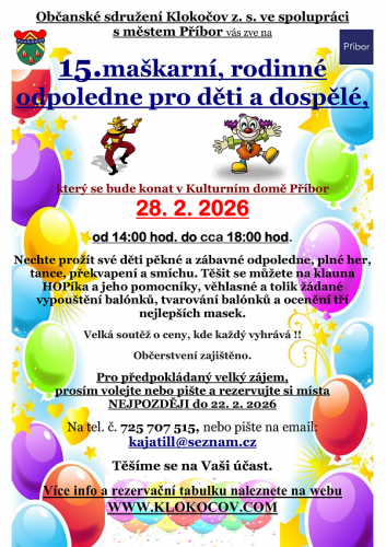 15. Maškarní rodinné odpoledne pro děti i dospělé